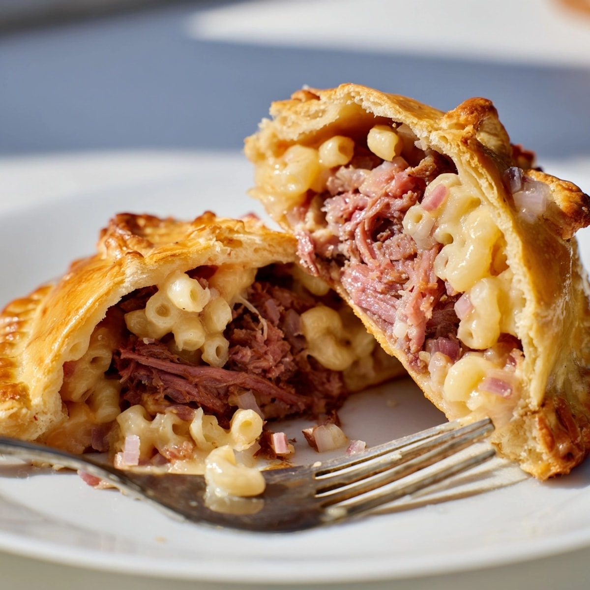 Close-up of crispy Smoked Brisket &amp; Mac n Cheese Empanadas, ready for a creamy bite.