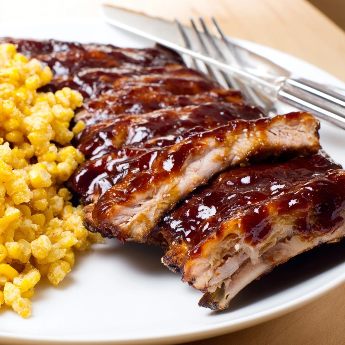 Close-up photo of Bourbon BBQ Glazed Ribs, glistening with sauce, alongside golden sweet corn fries.
