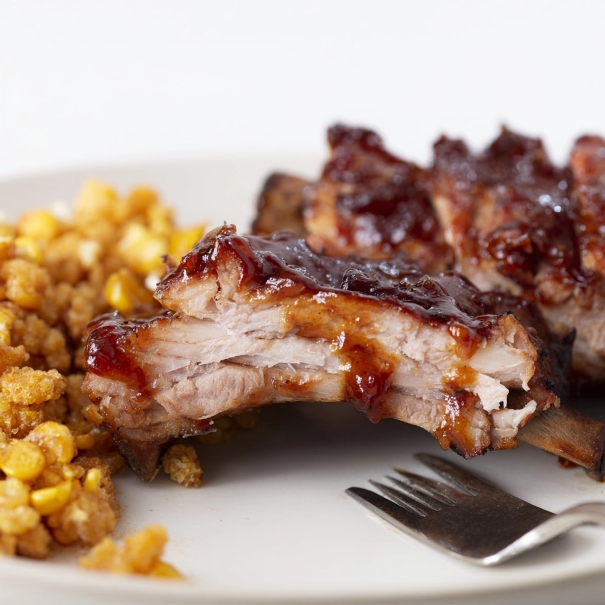 Juicy Bourbon BBQ Glazed Ribs with crispy sweet corn fries, a mouthwatering Southern-style dinner!