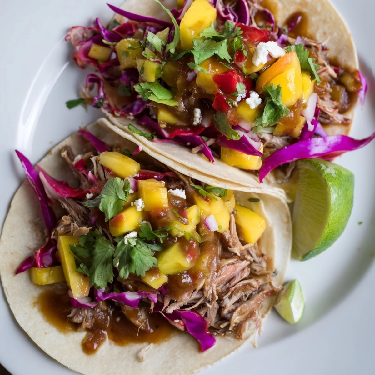 Warm corn tortillas filled with flavorful Duck Confit Tacos and sweet-spicy mango chutney.