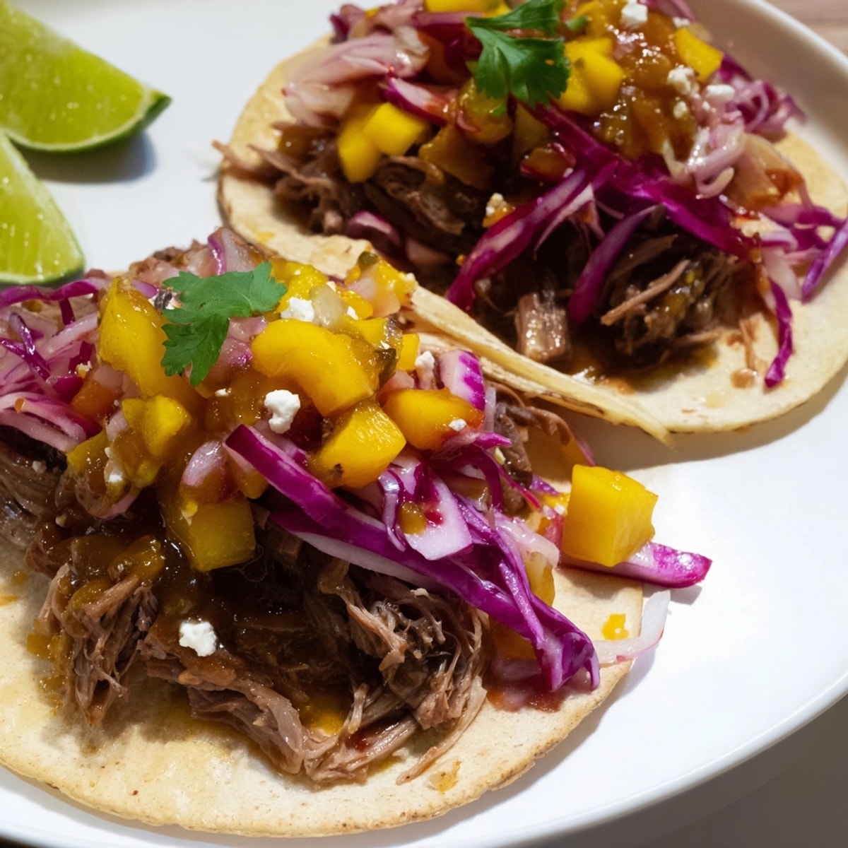Close-up of juicy Duck Confit Tacos, vibrant with fresh cilantro and red onion.