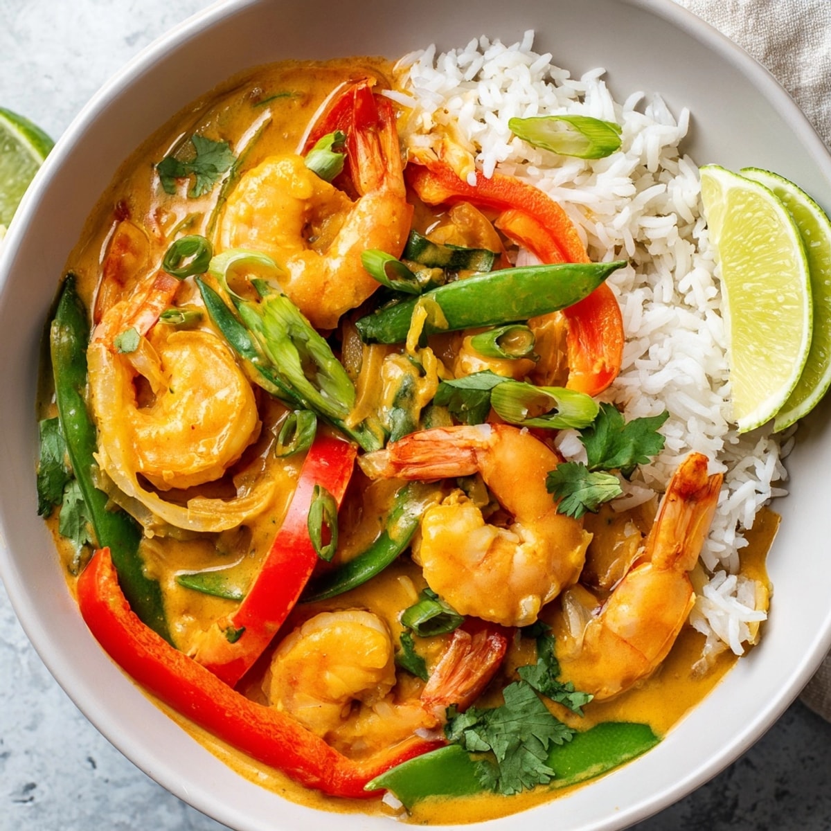 Top-down view of a Coconut Curry Shrimp & Rice Bowl with glistening sauce and vibrant cilantro.
