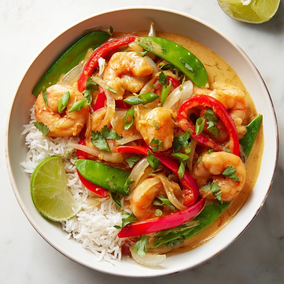 Golden shrimp nestled in a creamy Coconut Curry Shrimp &amp; Rice Bowl ready to eat.