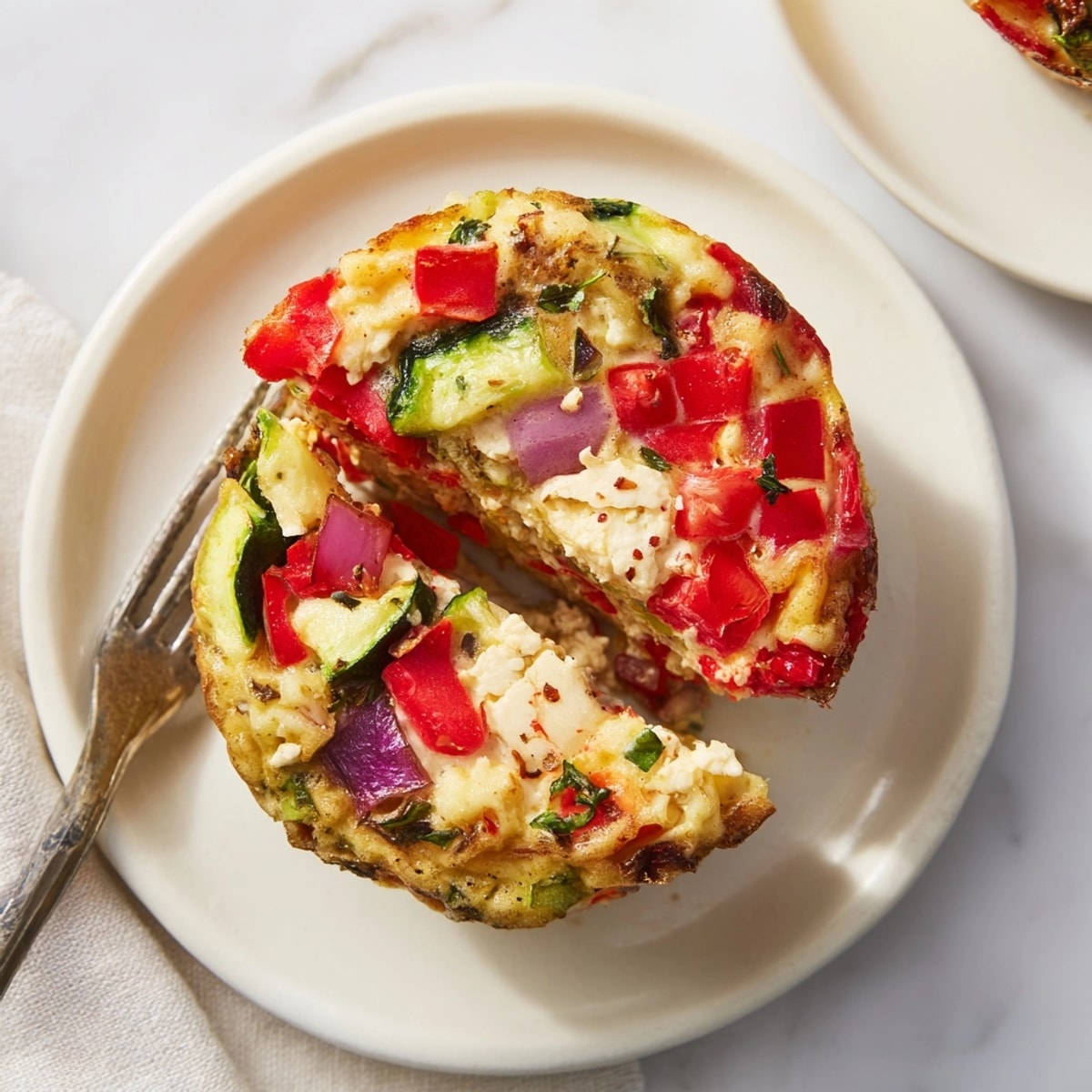 Close-up of warm Roasted Veg &amp; Goat Cheese Frittata Muffins with visible herbs and cheese.