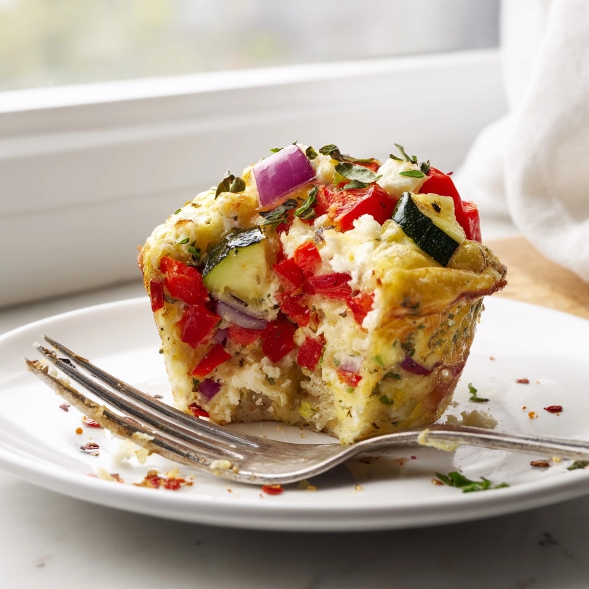 Savory, vegetarian Roasted Veg &amp; Goat Cheese Frittata Muffins – fluffy, cheesy, and delicious.