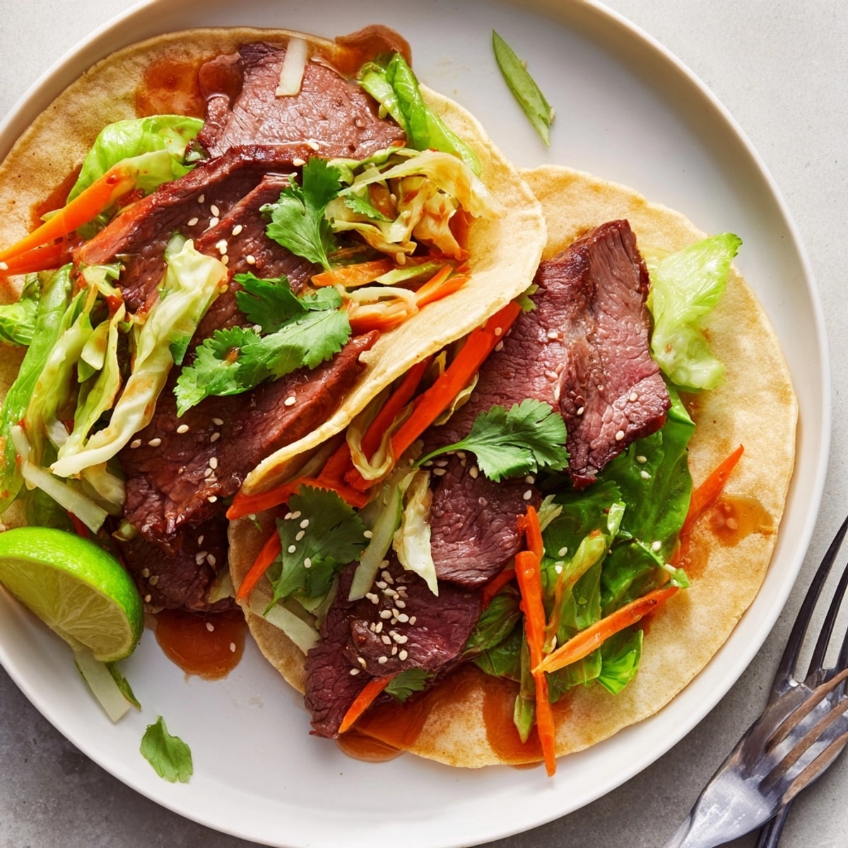 Korean BBQ Beef Tacos: A close-up shows tender beef, kimchi, on warm tortillas.