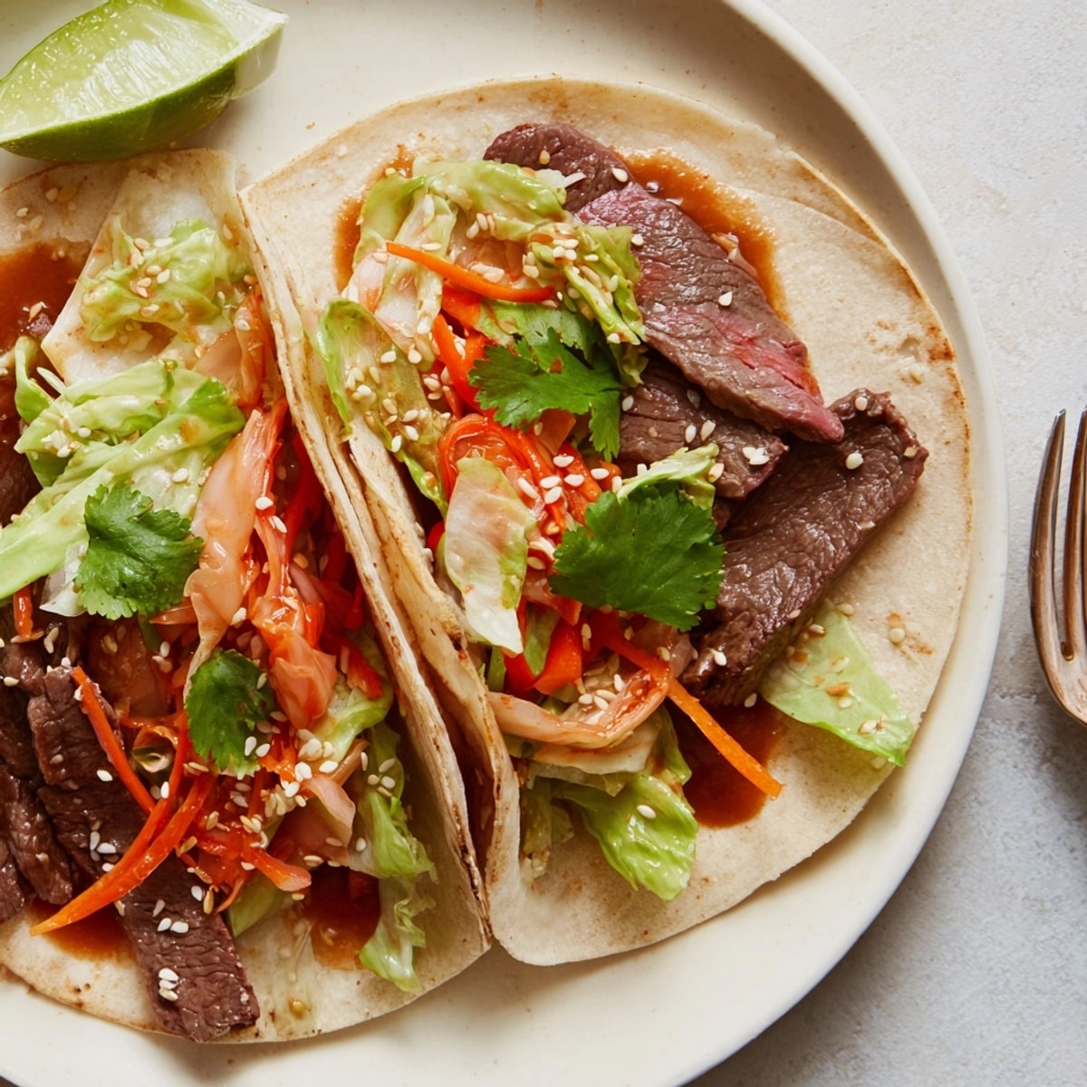 Savory Korean BBQ Beef Tacos overflowing with kimchi, cilantro, and sesame seeds, ready to eat.