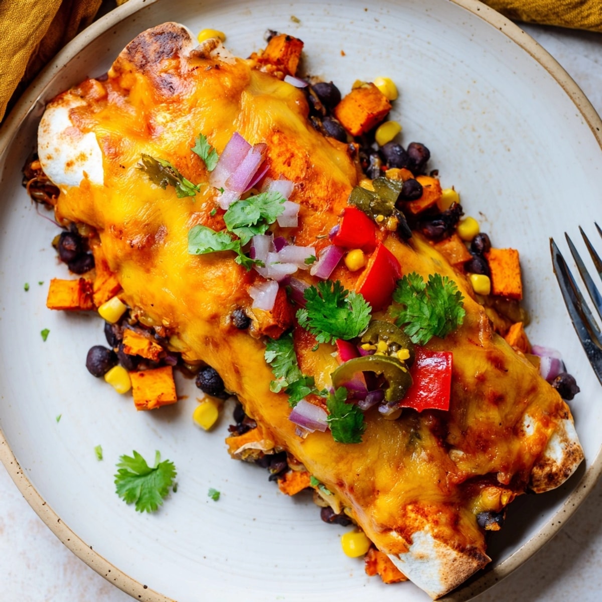 Baked Spicy Black Bean & Sweet Potato Enchiladas: golden tortillas topped with cilantro.