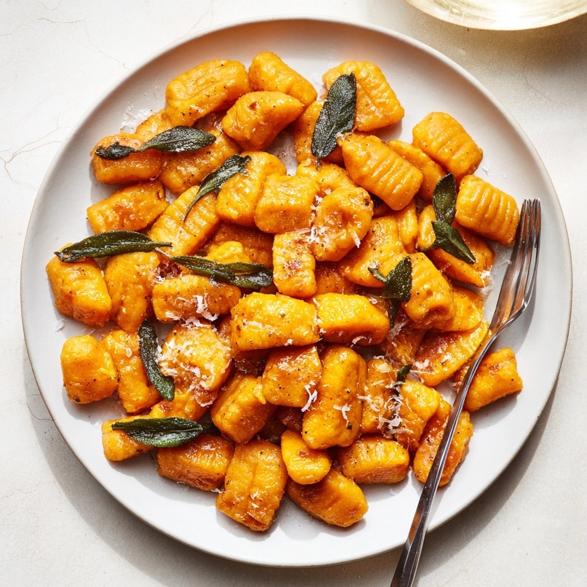 Golden Sweet Potato Gnocchi with Sage Butter: pillowy dumplings glistening, ready to serve.