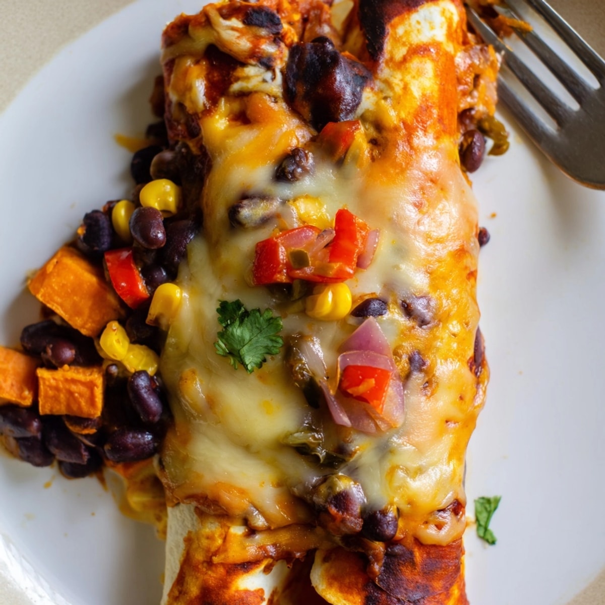 Hearty filling of Spicy Black Bean & Sweet Potato Enchiladas, ready to be served.