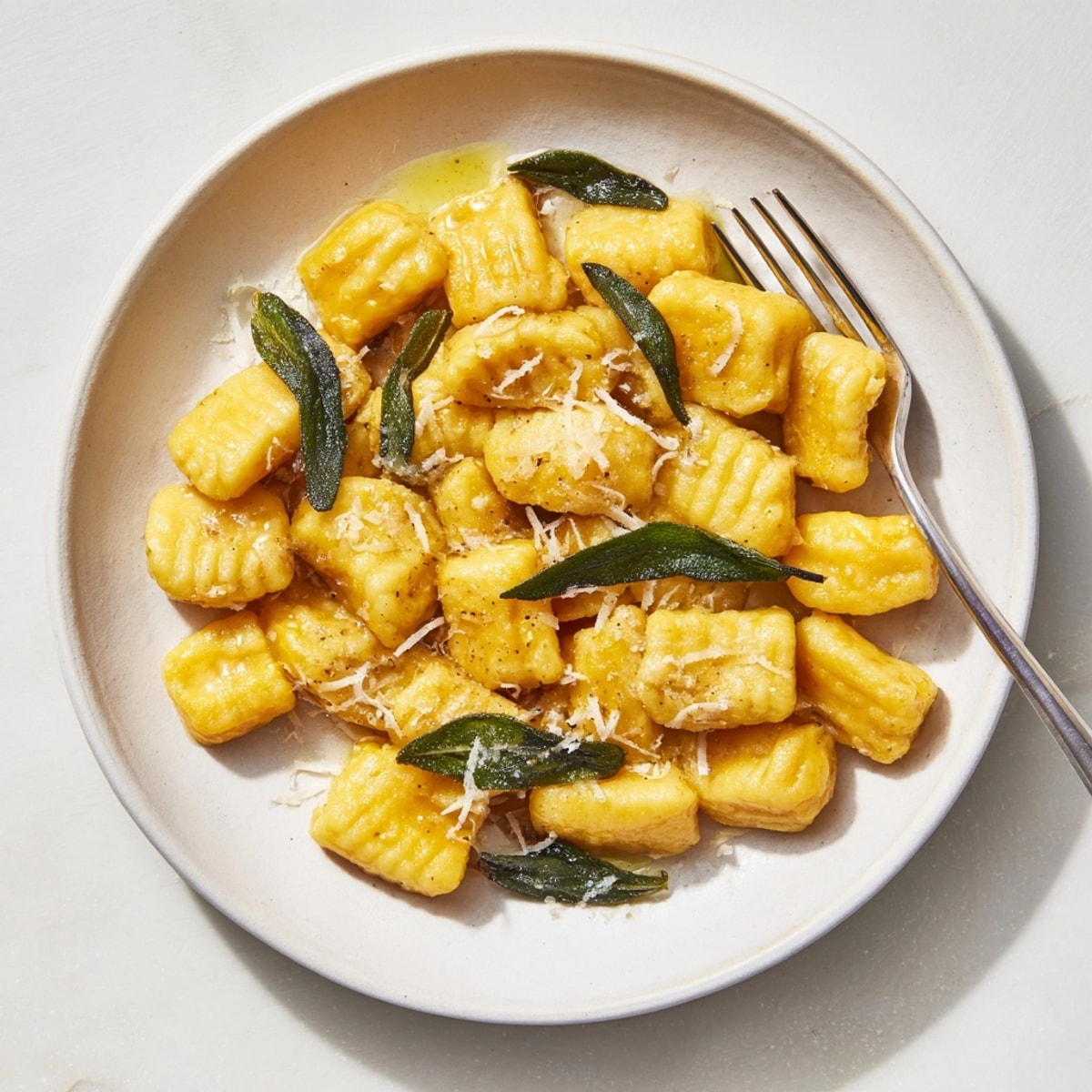 Pan of seared Sweet Potato Gnocchi releasing aromas of earthy sage and browned butter.
