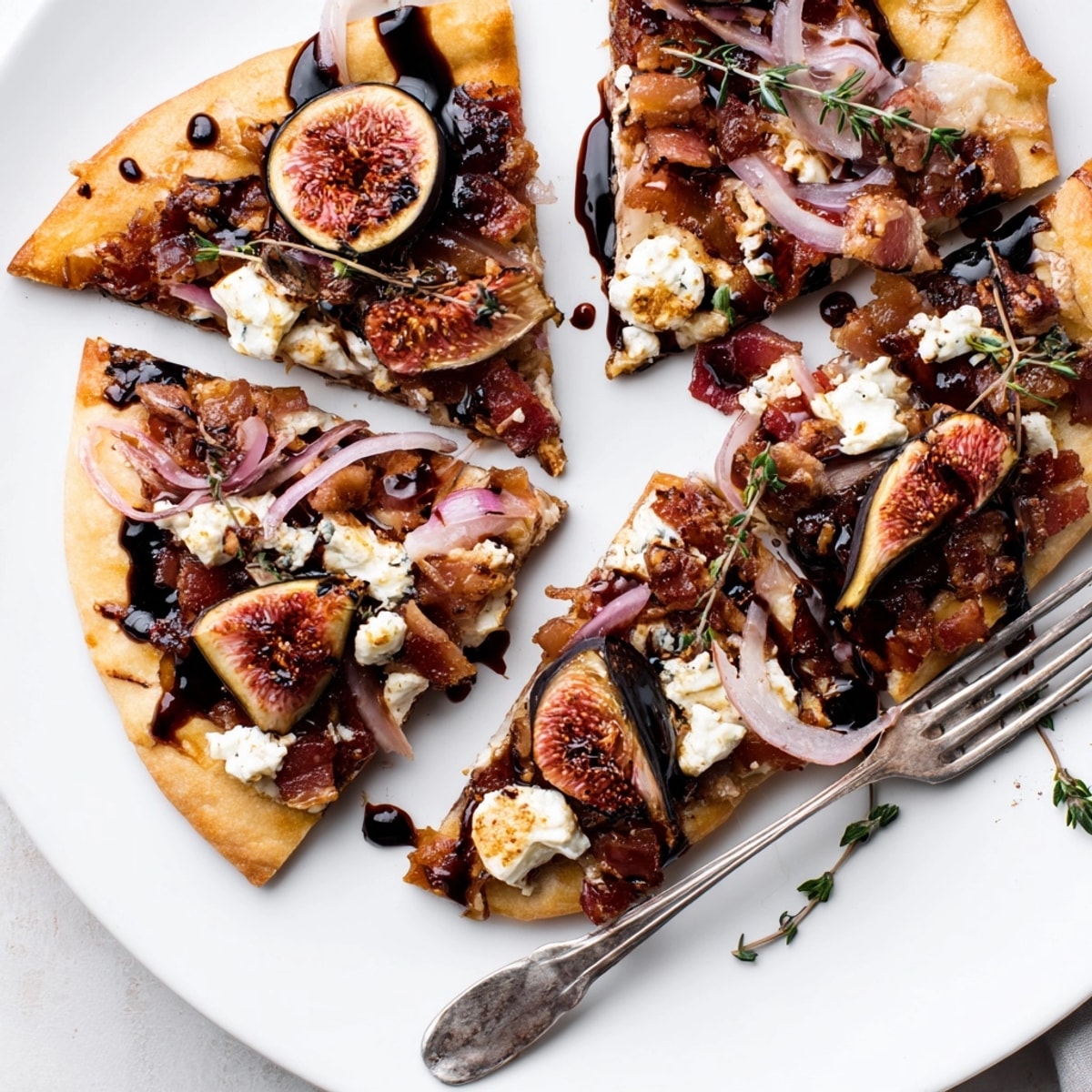 Close-up of fresh baked Roasted Balsamic Fig & Bacon Flatbread, savory and sweet.