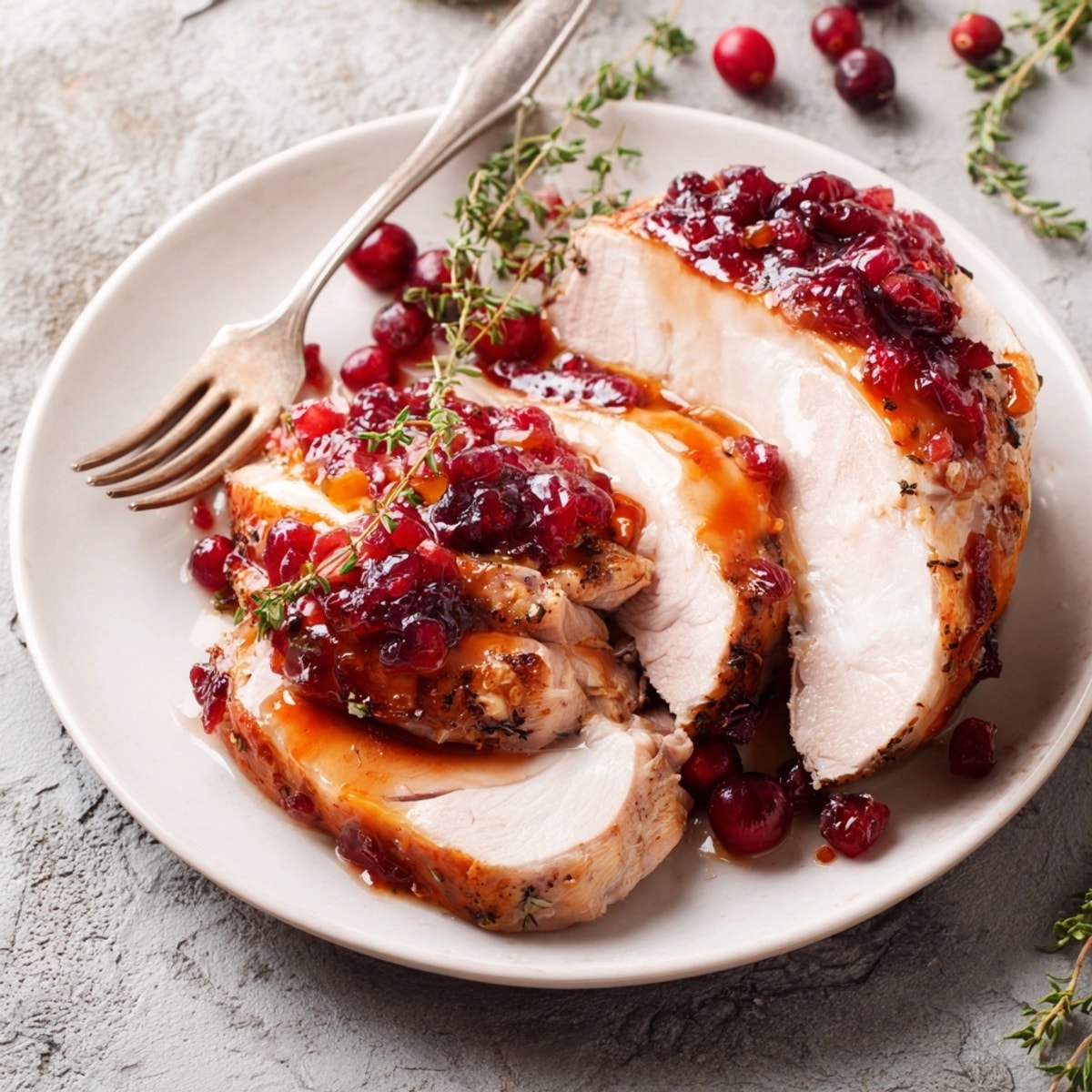 Succulent Cider Brined Turkey Breast with Cranberry Glaze, glistening and ready for Thanksgiving dinner.