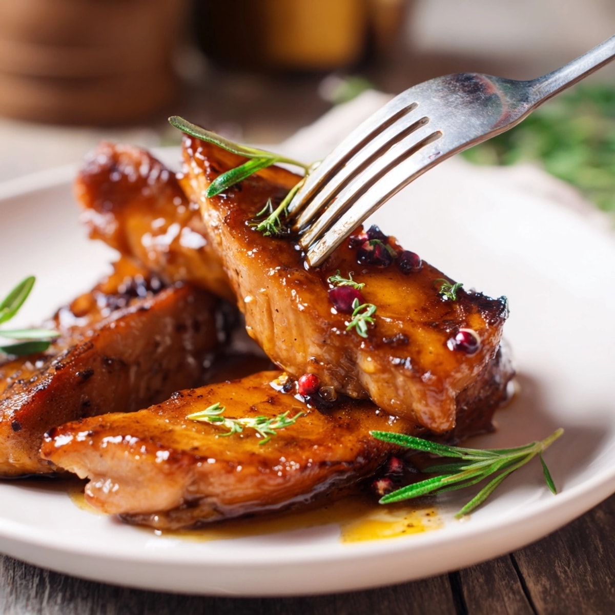 Close-up of sliced Cider Brined Turkey Breast, the cranberry glaze adding a vibrant, sweet finish.