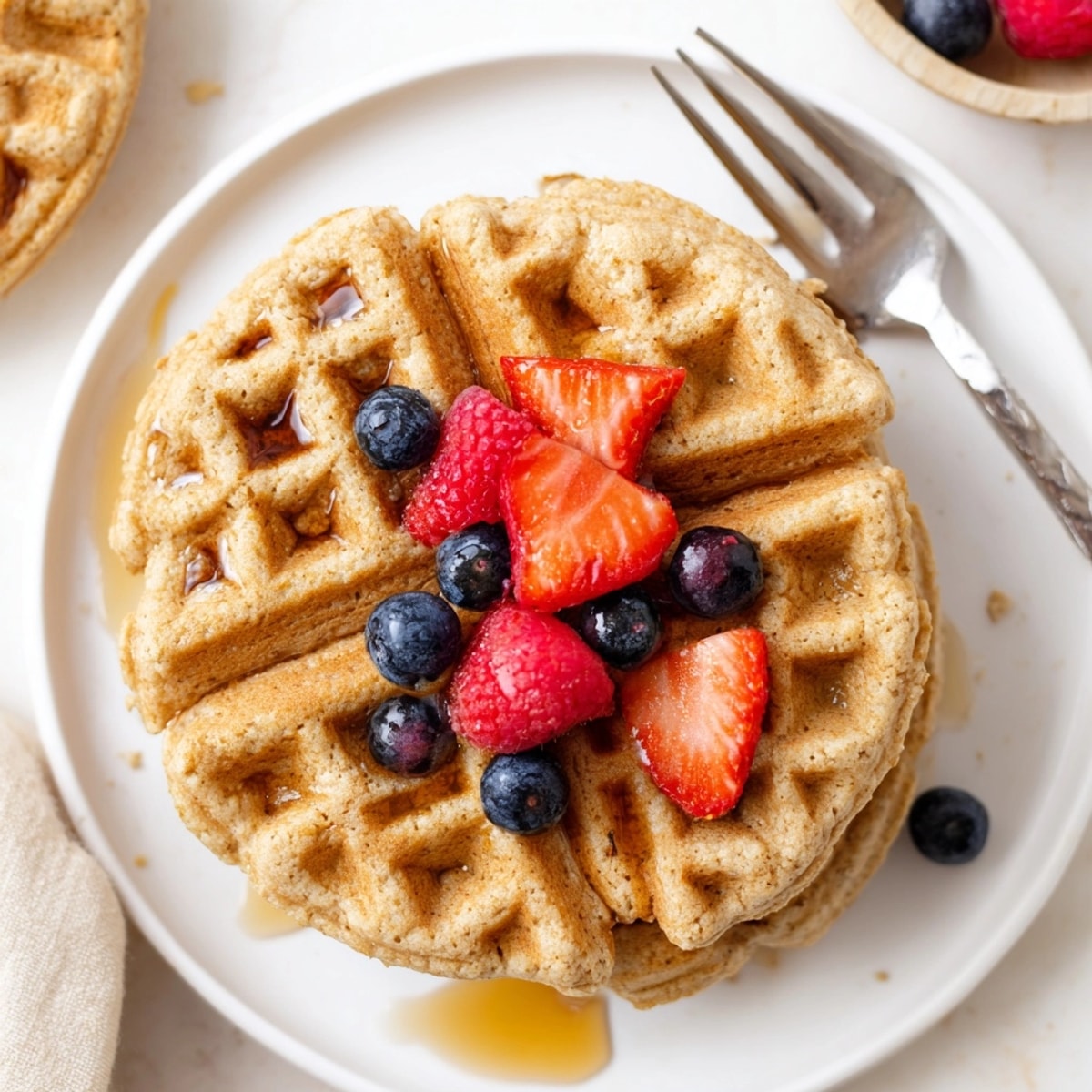 Stack of fluffy, golden brown Protein Waffles with syrup drizzled, ready to eat.