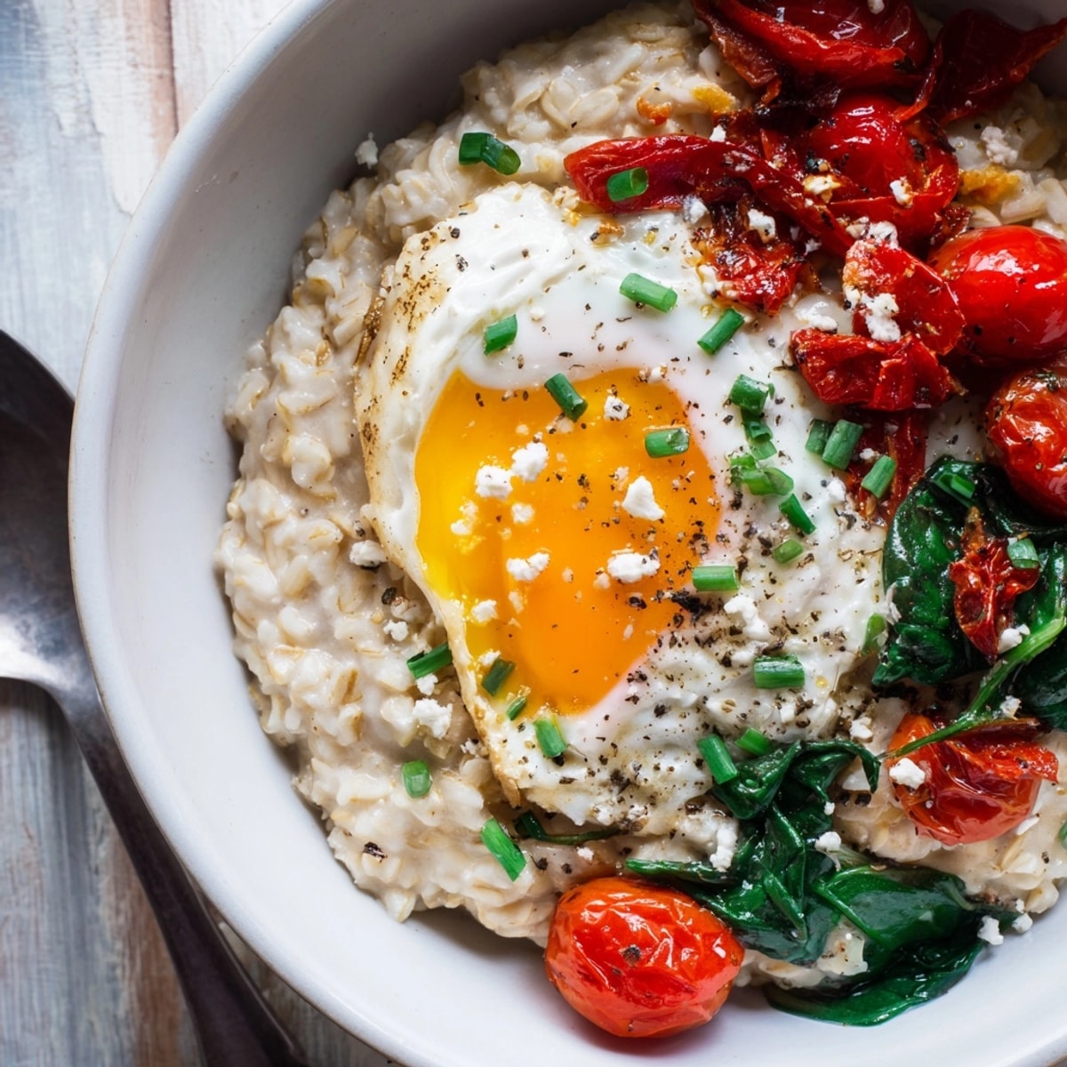 Creamy savory oatmeal bowl topped with vibrant vegetables, feta, and a perfectly fried egg.