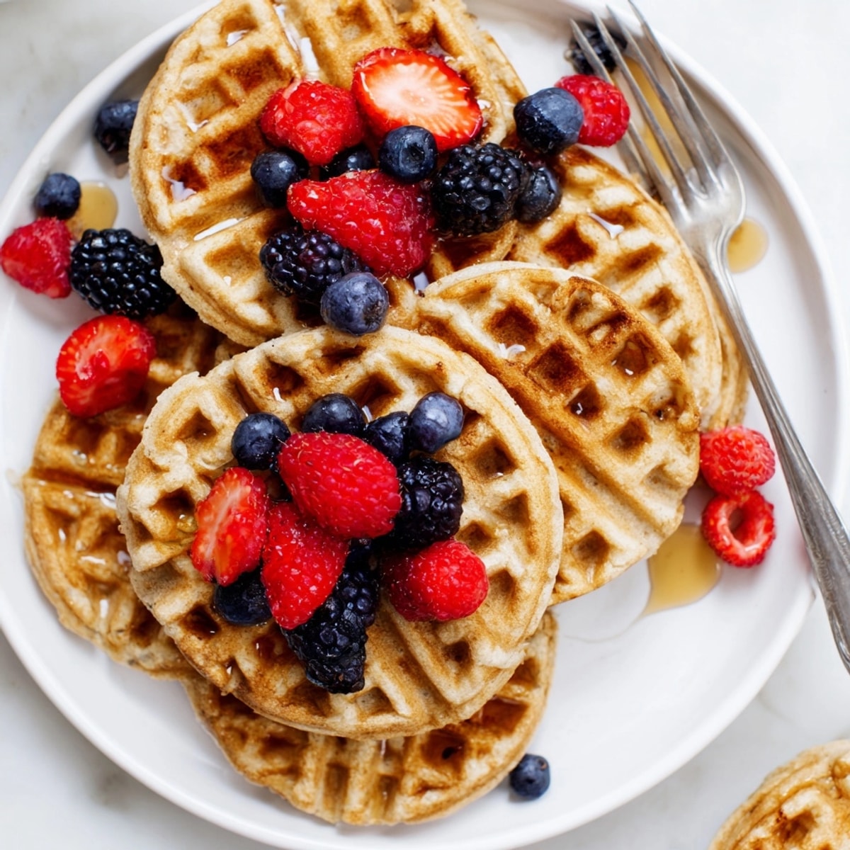 Easy Protein Waffles recipe: Batter being poured onto a hot waffle iron grid.