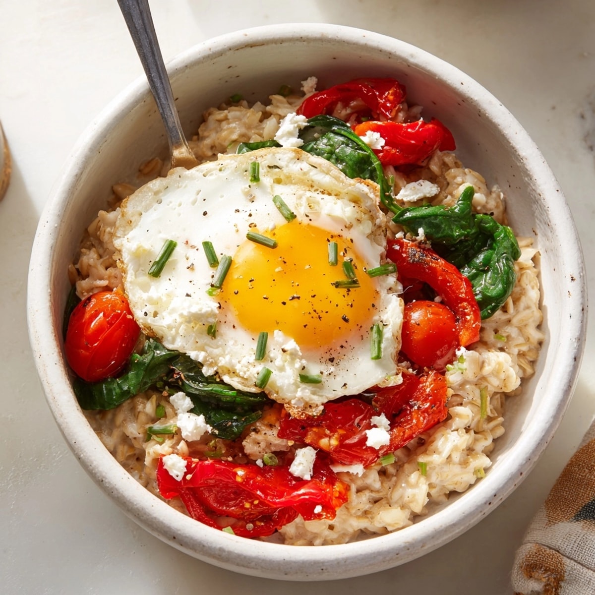 Close-up of a savory oatmeal bowl; steam rises from the healthy vegetable topping.