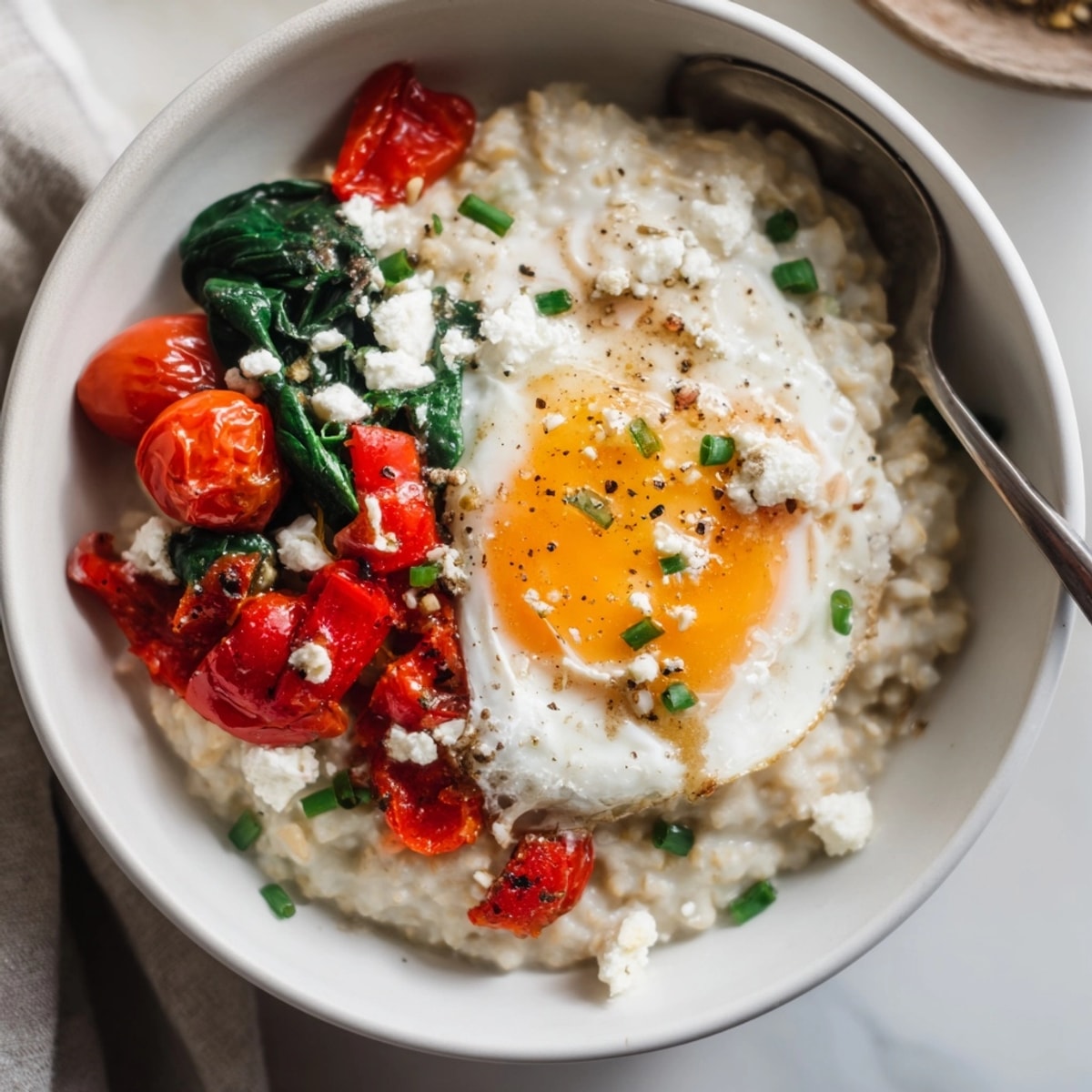 Making a hearty savory oatmeal bowl: see colorful ingredients ready to be combined and enjoyed.