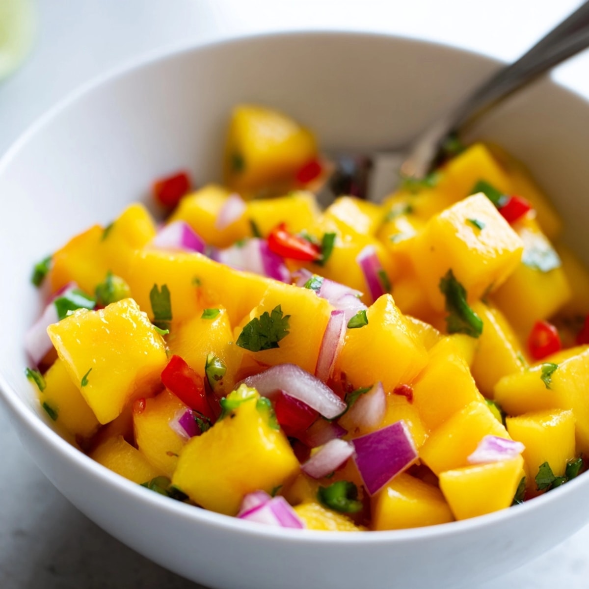 Bright Fresh Mango Salsa in a clear glass bowl, ready to top grilled fish.