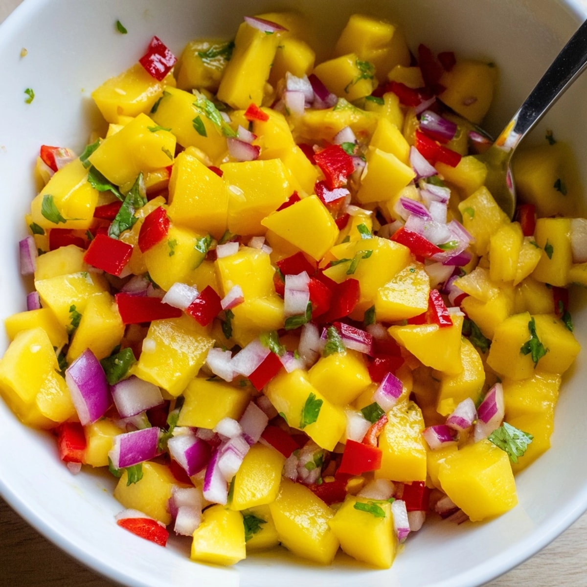 Chopped ripe mangoes, red pepper, and cilantro combine in a bowl of Fresh Mango Salsa.