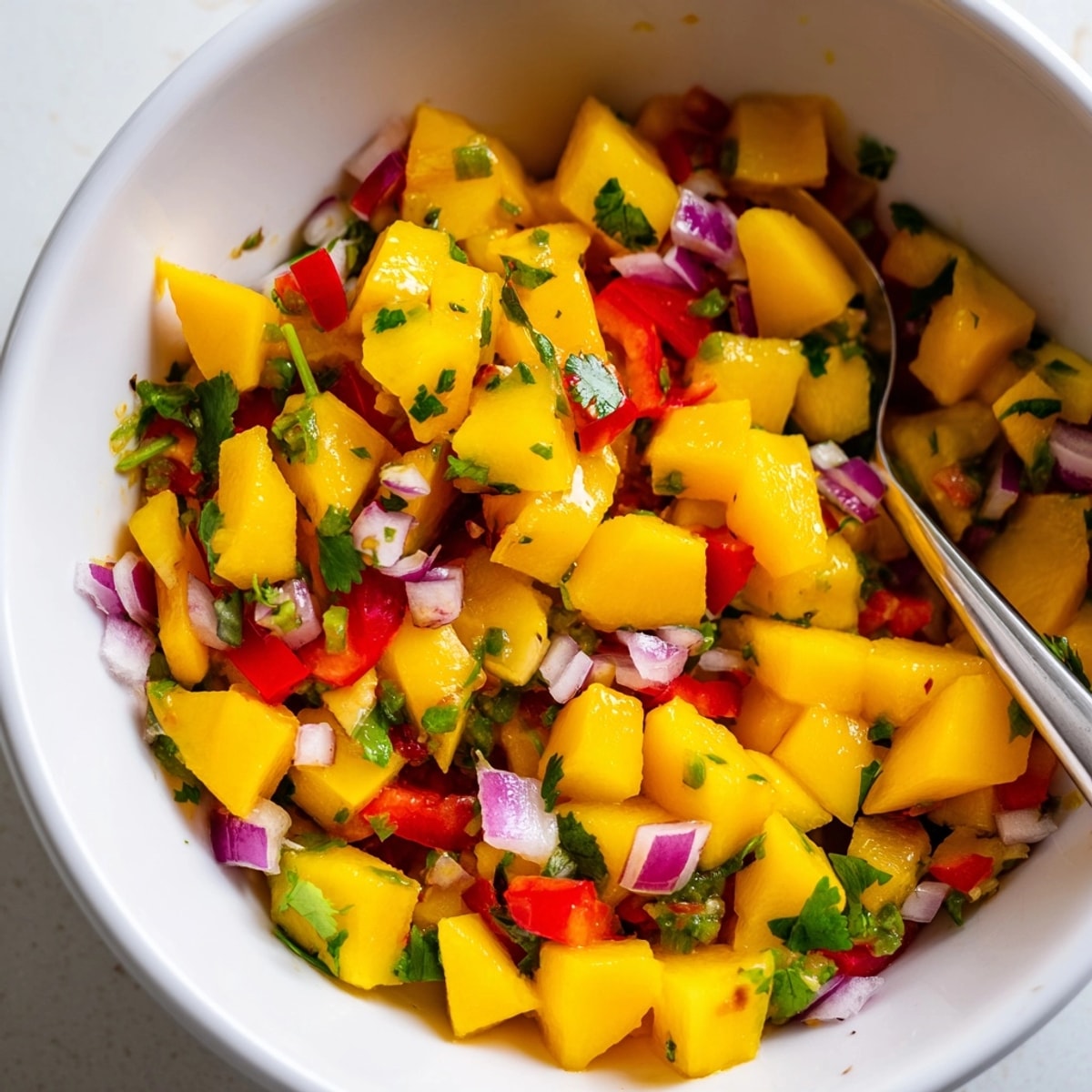 A colourful, chunky Fresh Mango Salsa, showcasing juicy mango, ideal as an appetizer.