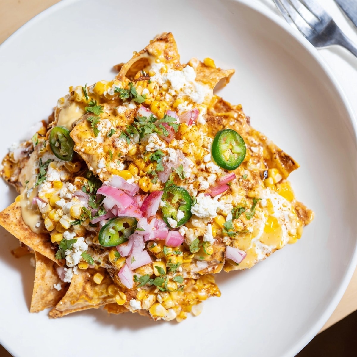 Oven-baked Elote Nachos: Crispy tortilla chips smothered in creamy Mexican street corn and toppings.
