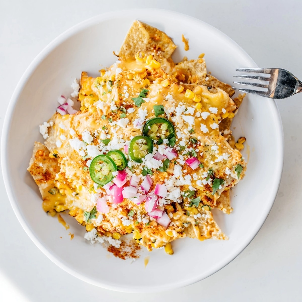 Scoops of flavorful Elote Nachos with cotija cheese and a squeeze of fresh lime.