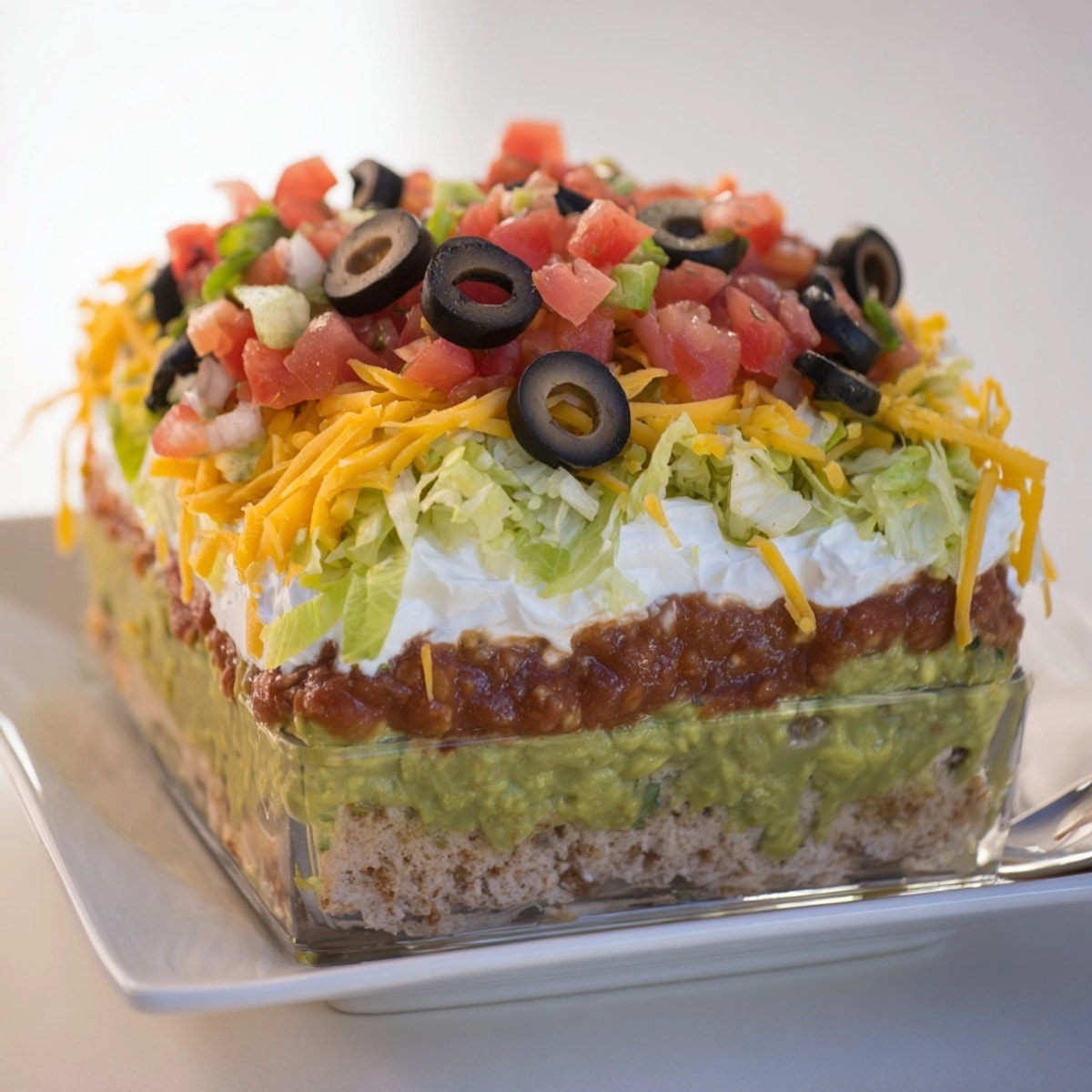 Layered Seven Layer Dip in a clear dish, ready to be served with chips.