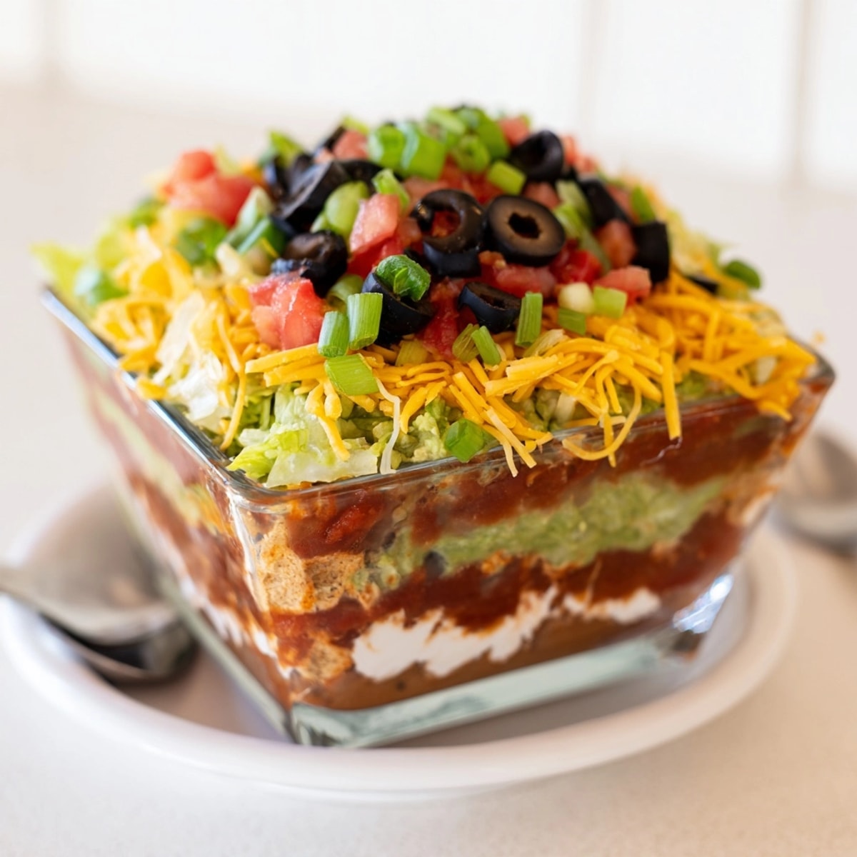 A delicious Seven Layer Dip photograph shows vibrant colors perfect as a party appetizer.