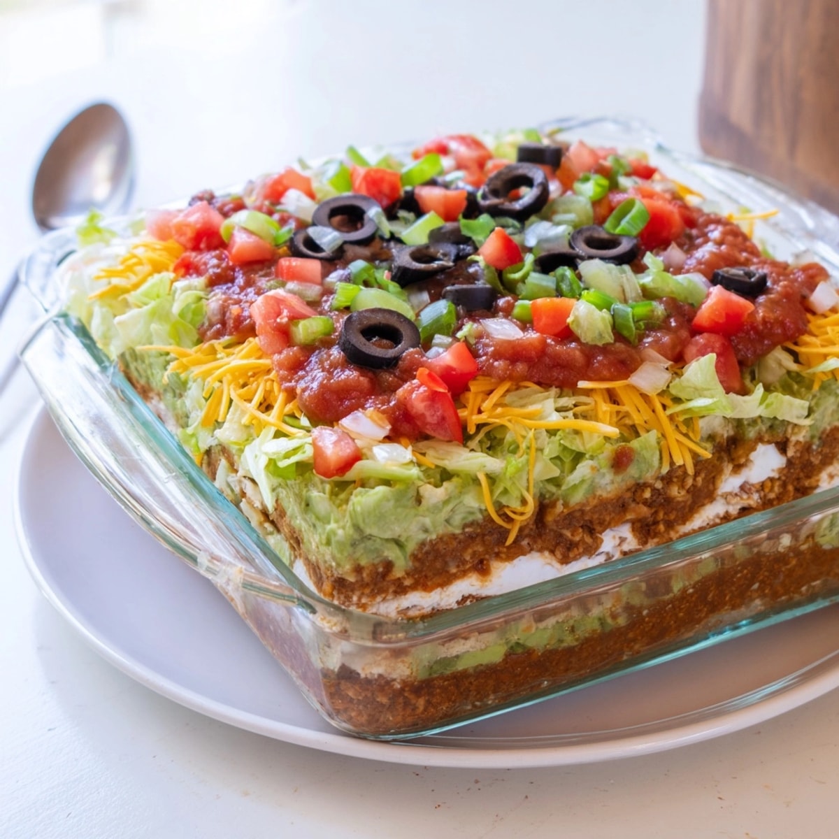 Creamy Seven Layer Dip up close; fresh tomatoes, olives, and lettuce toppings visible.