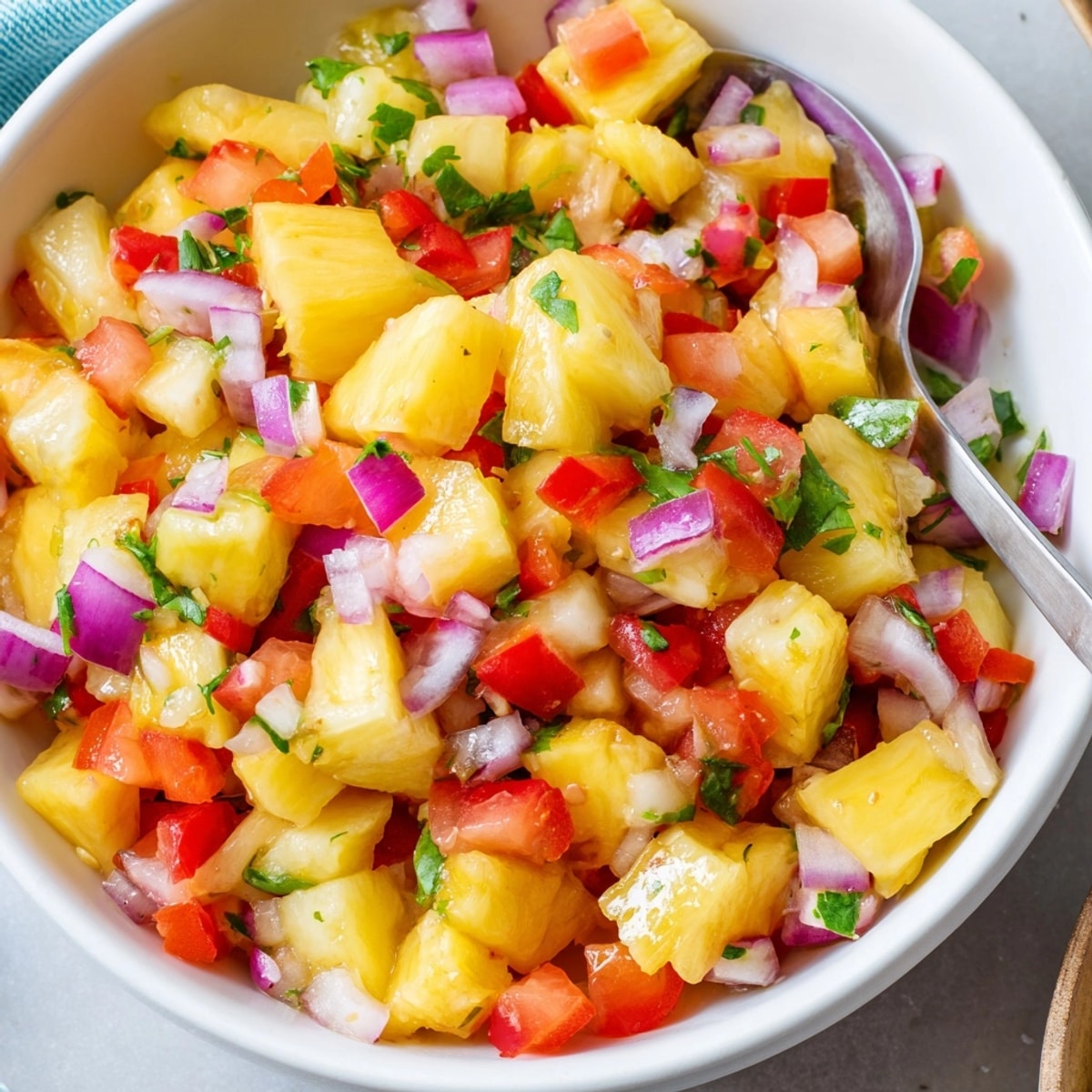 Easy Pineapple Salsa recipe: a refreshing, colorful appetizer served with crispy tortilla chips.