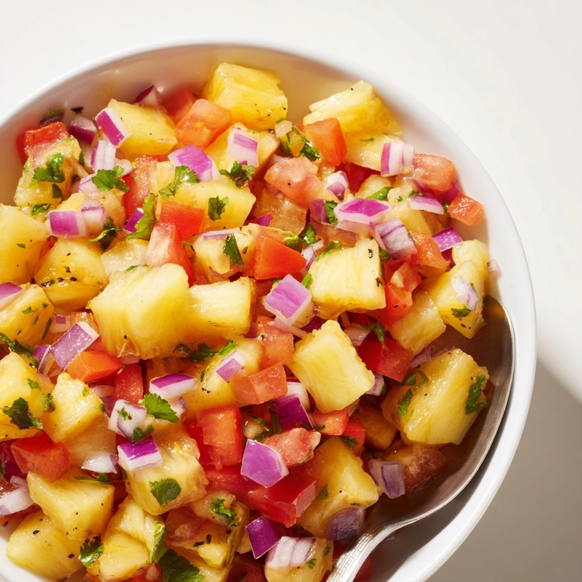 Homemade Pineapple Salsa: juicy pineapple chunks, crisp red onion, and cilantro, ready to enjoy.