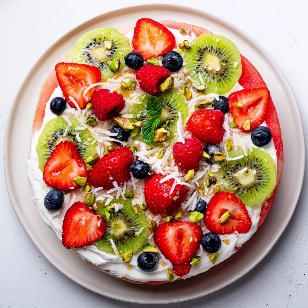 Vibrant watermelon pizza recipe with creamy yogurt, fresh berries, kiwi, and crunchy coconut.