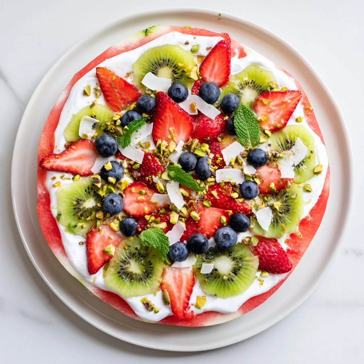 Refreshing watermelon pizza topped with yogurt, fruit; a sweet, summery treat ready to slice.