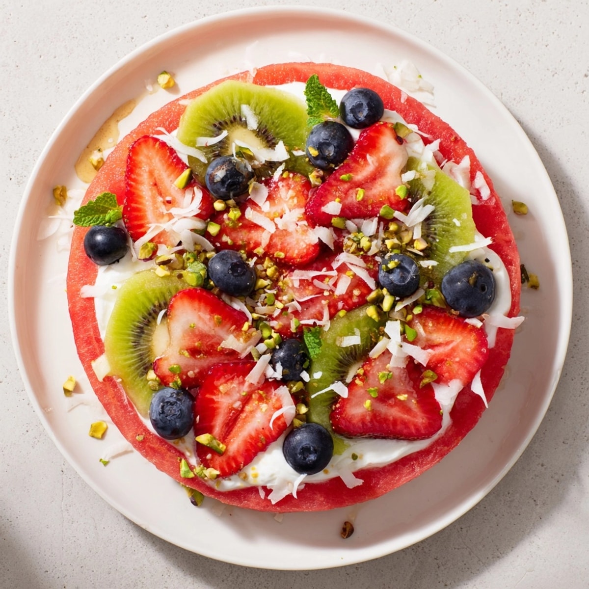 Easy watermelon pizza dessert: a juicy, colorful, and healthy treat for summer parties.