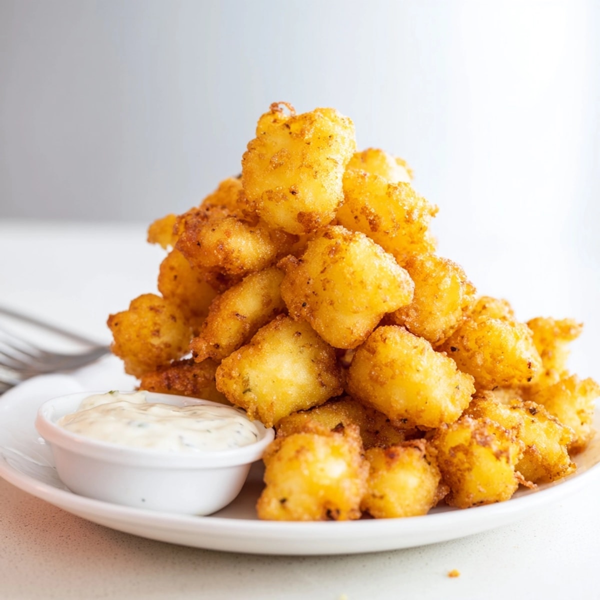 Hot, bubbly Fried Cheese Curds: Bite-sized appetizers served with a creamy dipping sauce.