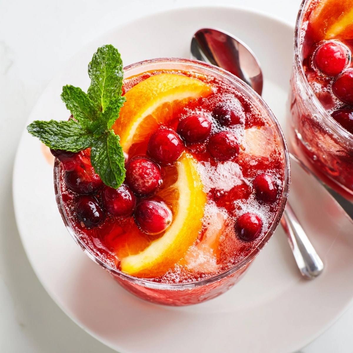 Festive Sparkling Cranberry Punch bubbling and garnished with bright orange slices for a holiday party.