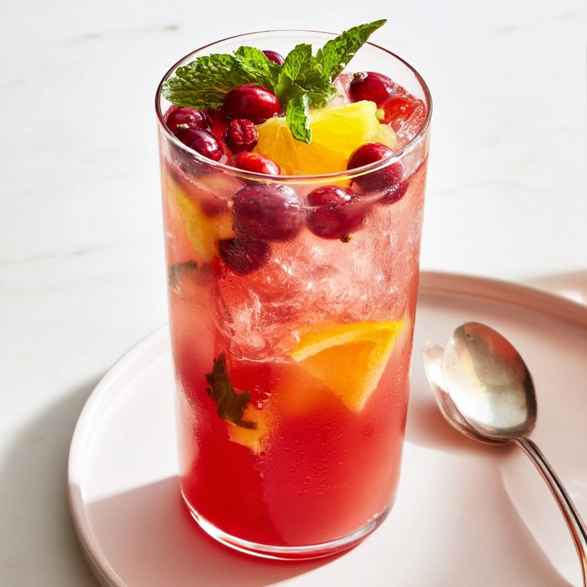 Chilled Sparkling Cranberry Punch recipe with fresh cranberries, mint, and citrus slices—perfectly refreshing.