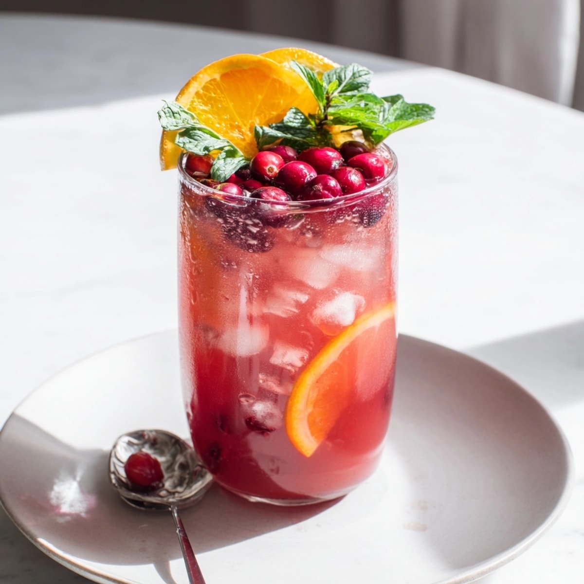 Making homemade Sparkling Cranberry Punch: A vibrant non-alcoholic holiday beverage garnished with fruit.