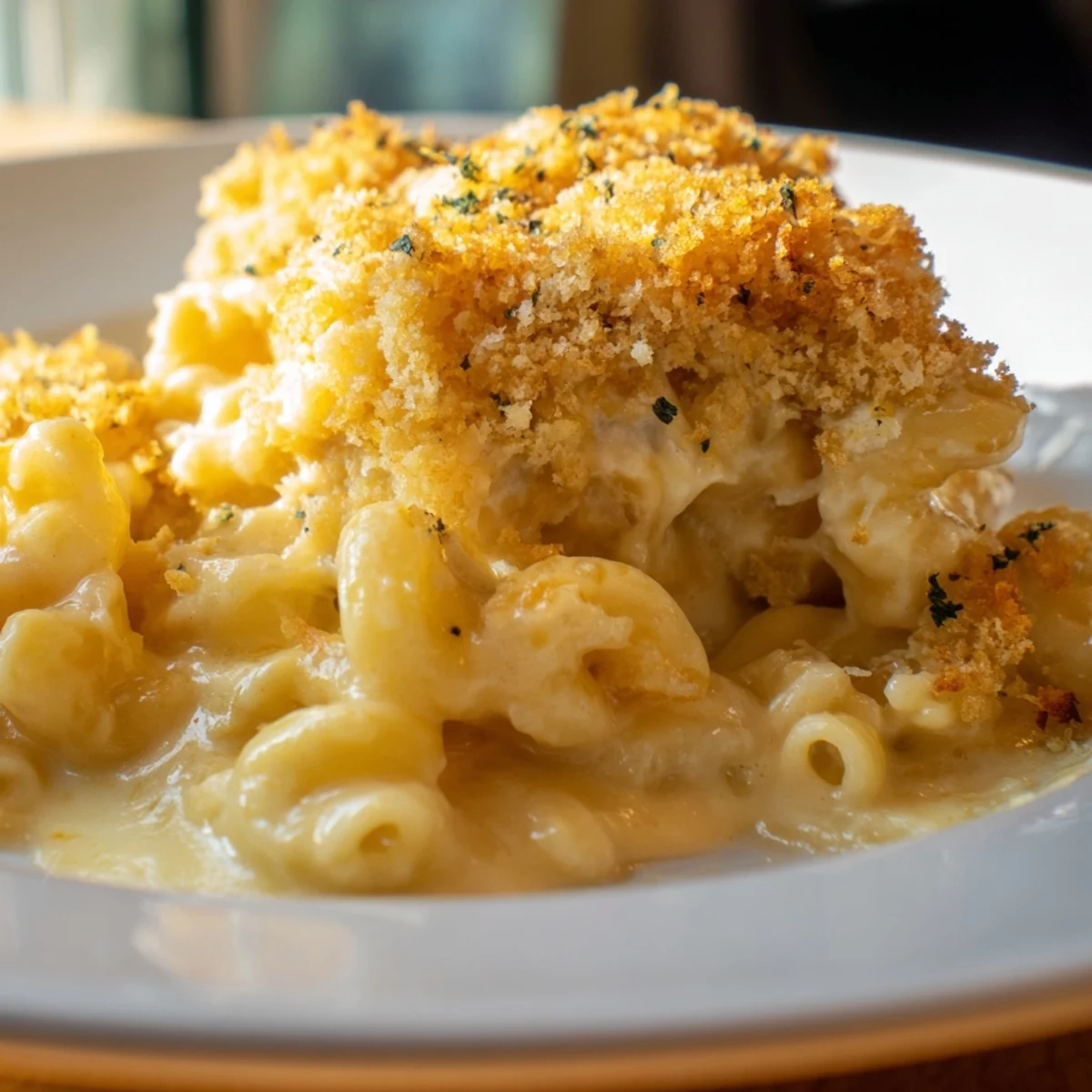 A close-up of cheesy, bubbling creamy macaroni and cheese, perfect comfort food for dinner.
