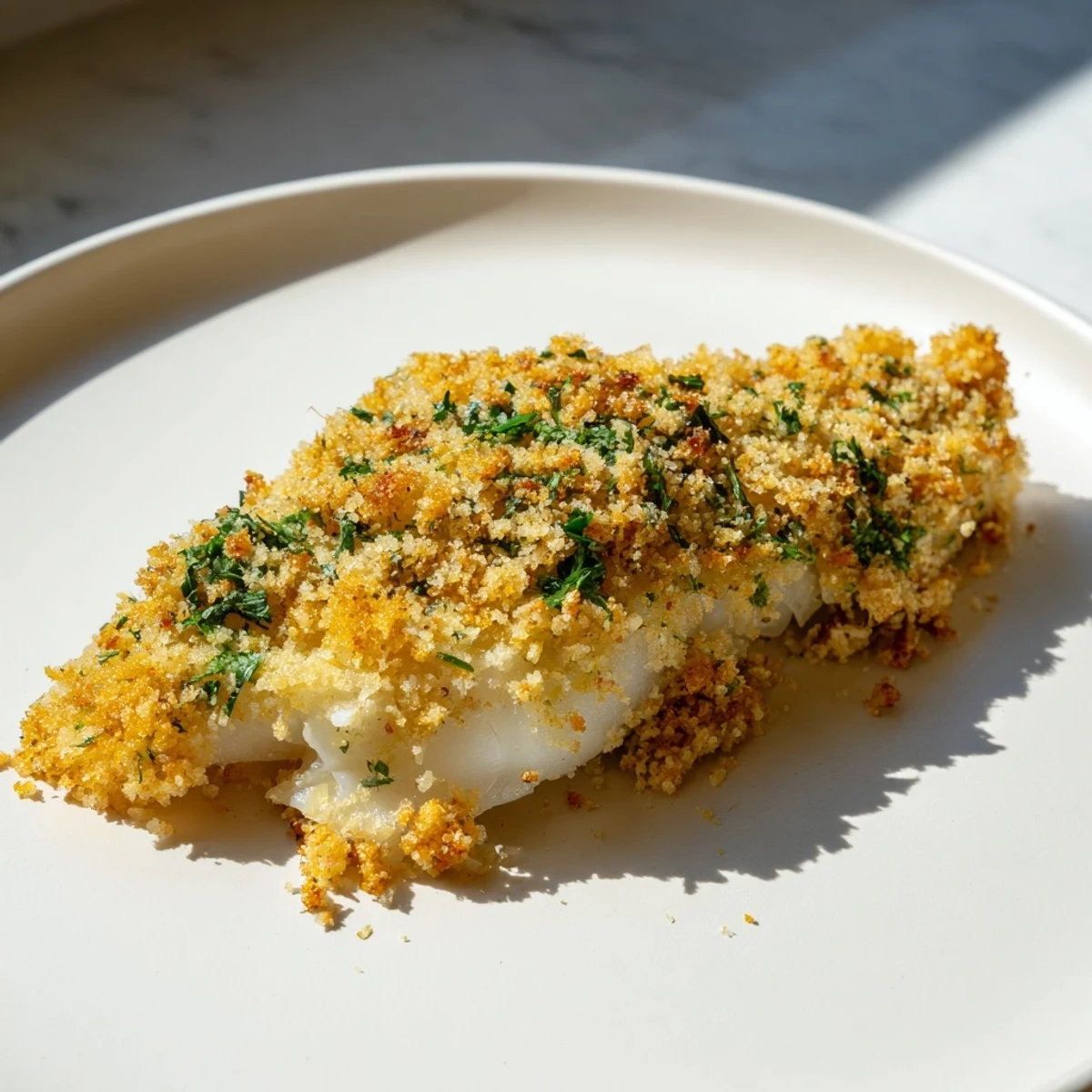 Golden-brown Baked Cod with Crumb Topping, ready to serve with fresh parsley and lemon wedges.