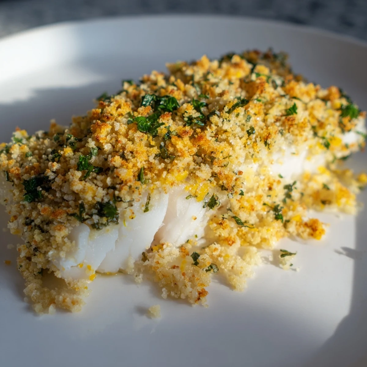 Close-up of baked cod, showcasing a flavorful and tender crumb topping; ideal seafood.