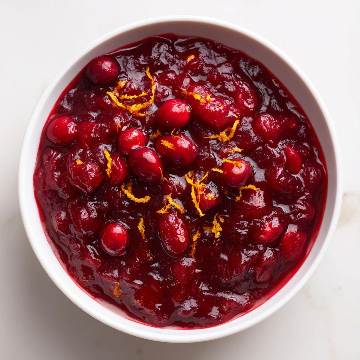 A close-up of glistening Cranberry Sauce with Orange Zest, showcasing the texture and sweet-tart aromas.
