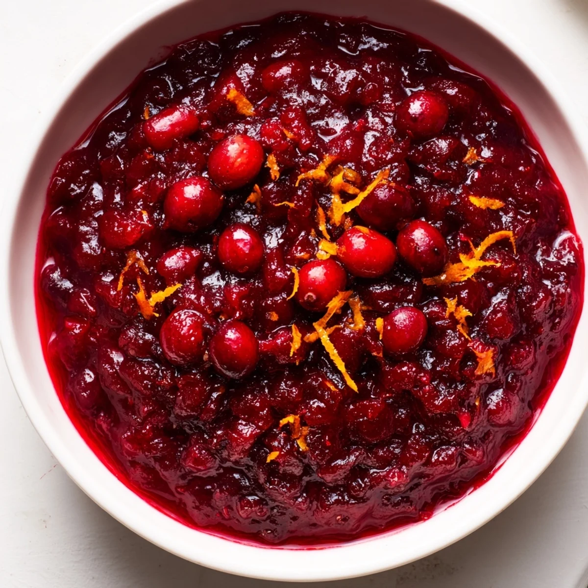 Homemade Cranberry Sauce with Orange Zest in a serving bowl, a festive side dish for any holiday gathering.