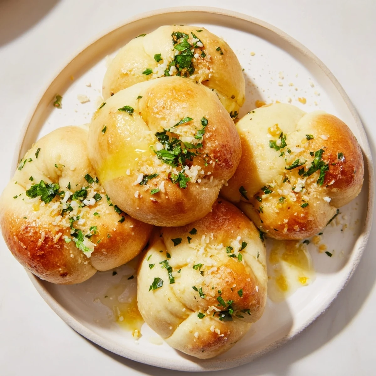 Warm garlic parmesan knots, golden and buttery, ready to serve as a delicious appetizer.