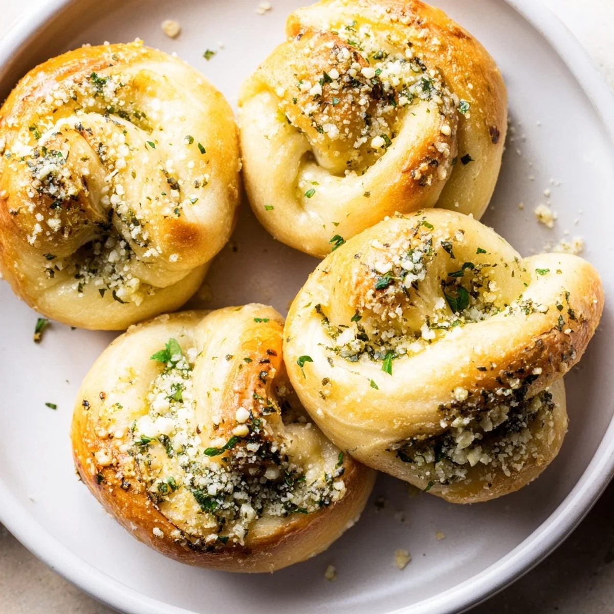 Freshly baked garlic parmesan knots with a glistening, garlicky glaze and a sprinkle of cheese.