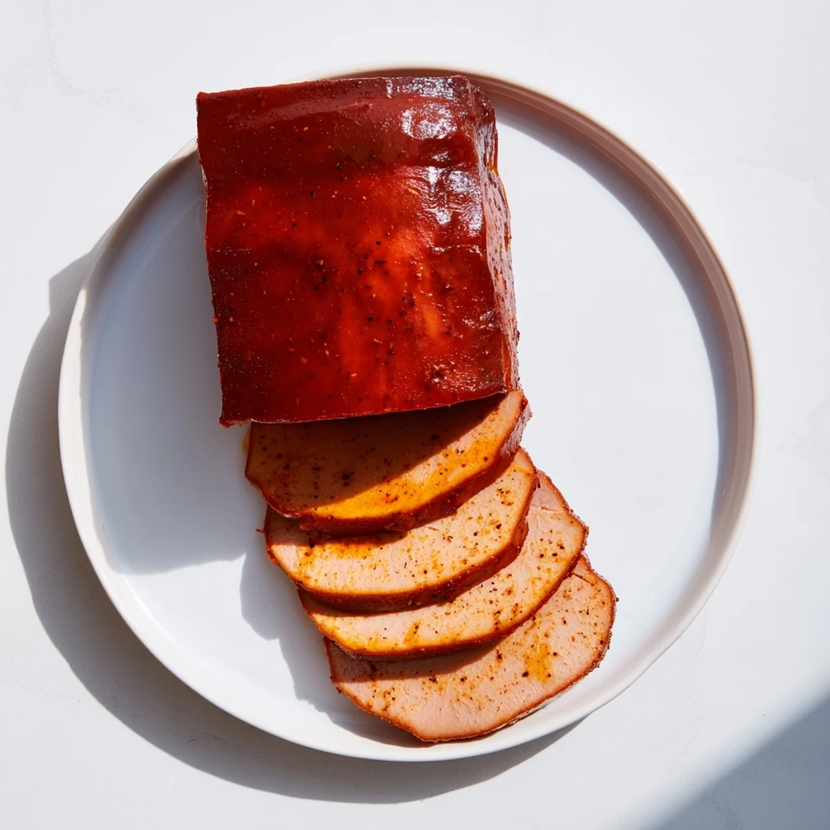 Slices of delicious Spiced Ham-Free Roast, glazed and ready to eat, are presented on a platter.