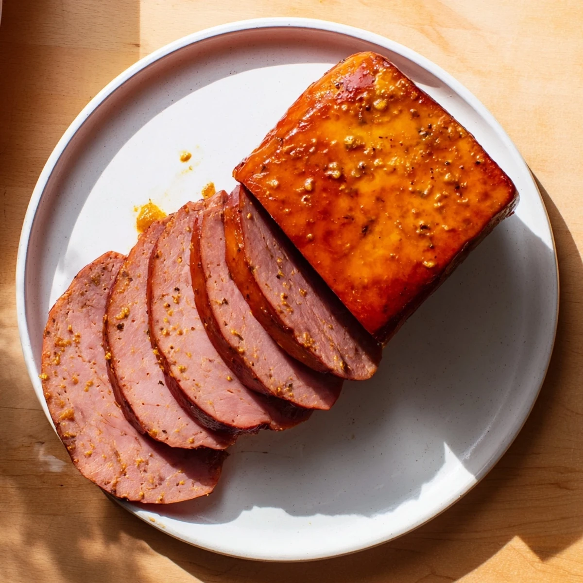 Close-up of a tender, glistening Spiced Ham-Free Roast, showing off a perfectly caramelized glaze.