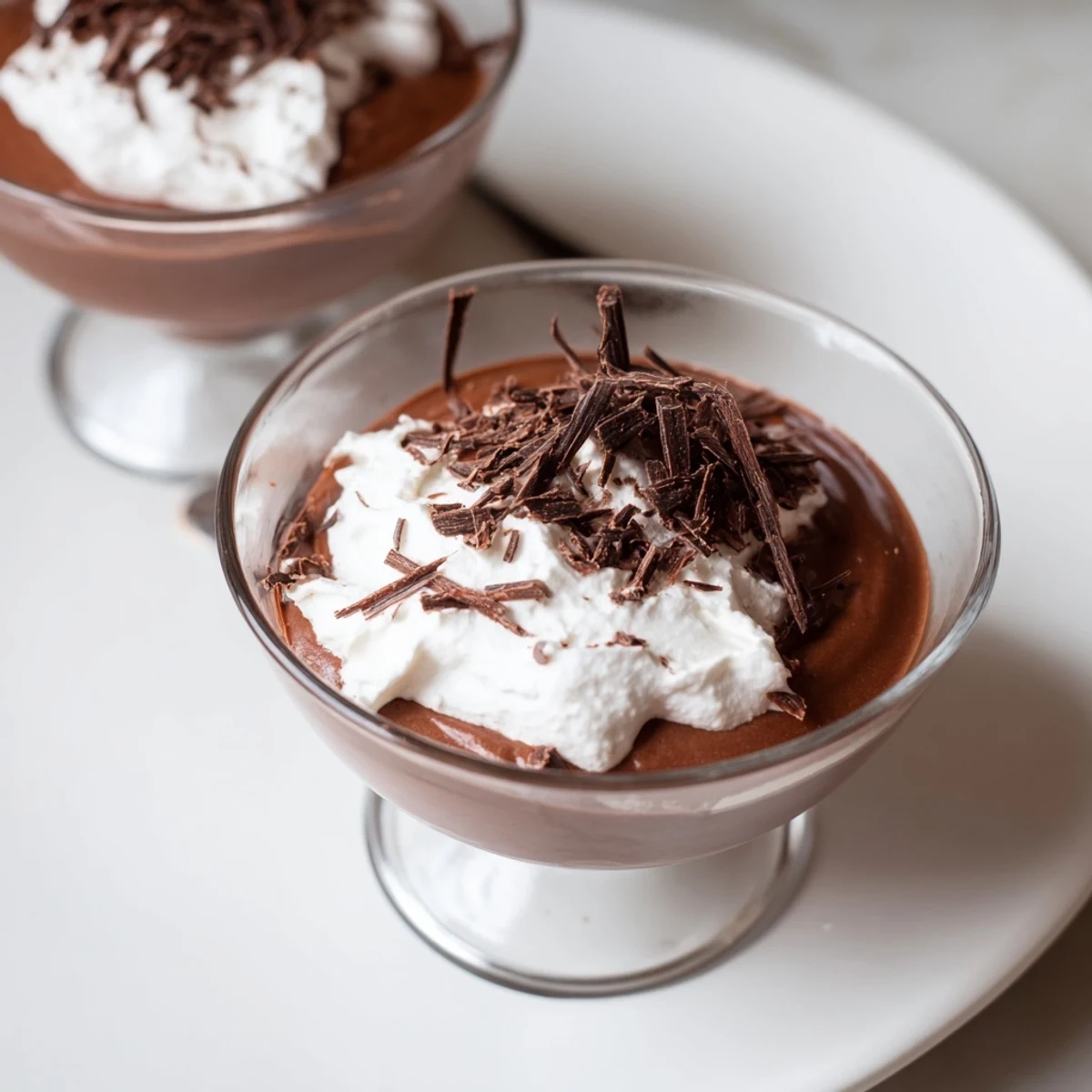 Silky, rich chocolate pudding, perfect for dessert with cool whipped cream and chocolate shavings.